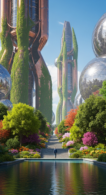 Lush Urban Park with Reflective Pool and Green Eco-Friendly Futuristic Skyscrapers - Free mobile Wallpaper