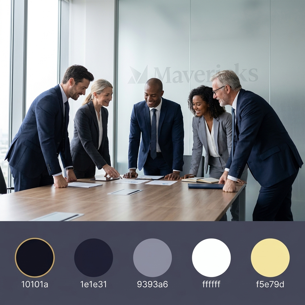 Portrait of a diverse business meeting in a minimalist boardroom with a discreet Mavericks logo in the background dallas mavericks prediction