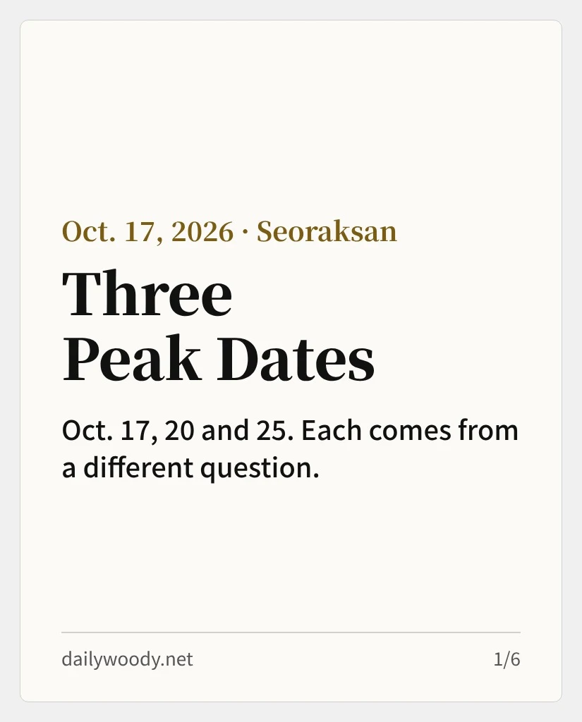 Seoraksan has three peak foliage dates: Oct. 17, 20 and 25 (card 1/6)