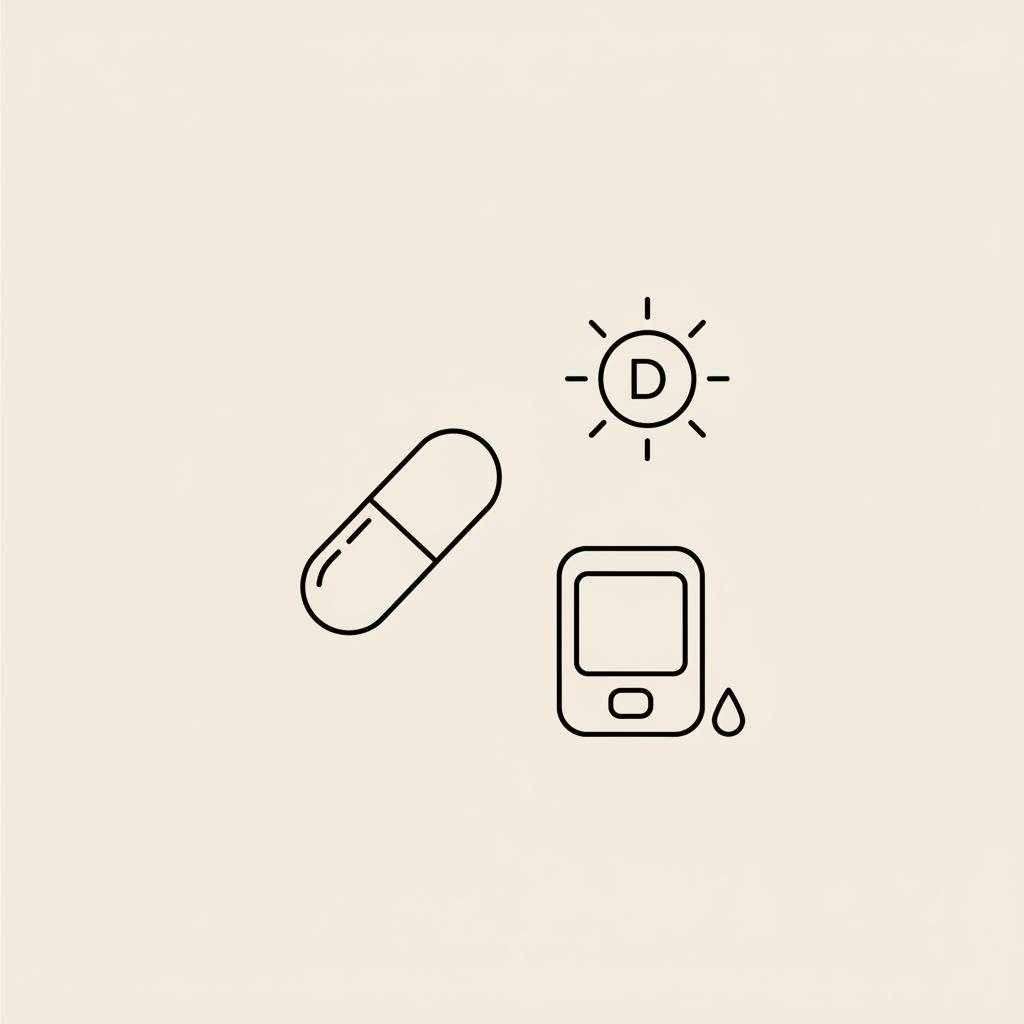 Minimal Tonum-style line illustration of a vitamin D sun icon, a magnesium pill, and a glucose meter on a flat beige background — vitamin D and blood sugar