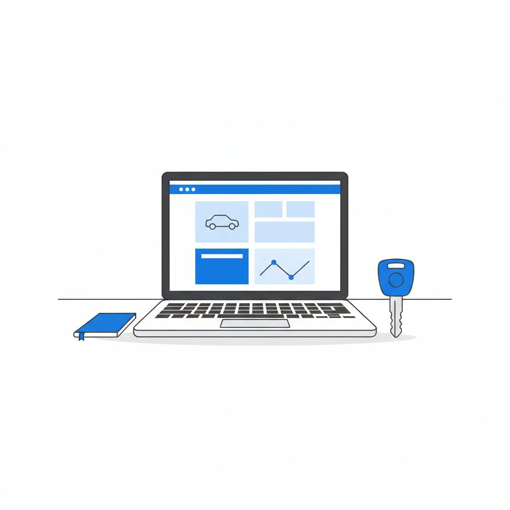 Minimal vector workspace with laptop showing a simplified valuation UI and a car key on a white background for Kelley Blue Book free lookup