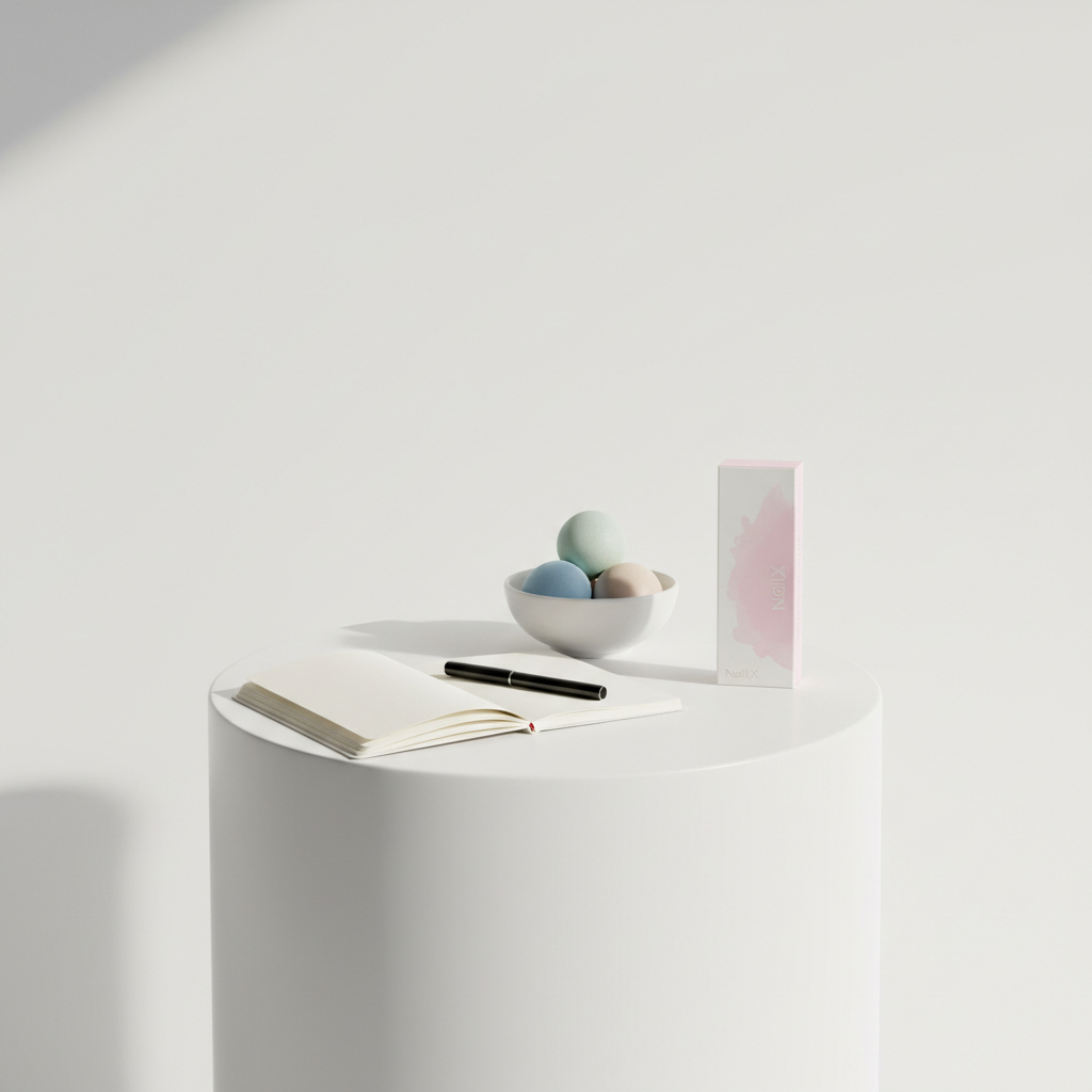 Minimalistisches Stillleben eines Wohnzimmertischs mit Schale voller Stressbälle, offenem Notizbuch, unbranded Nagelstreifen-Box und pastellrosa Akzenten, Thema Nägelkauen.