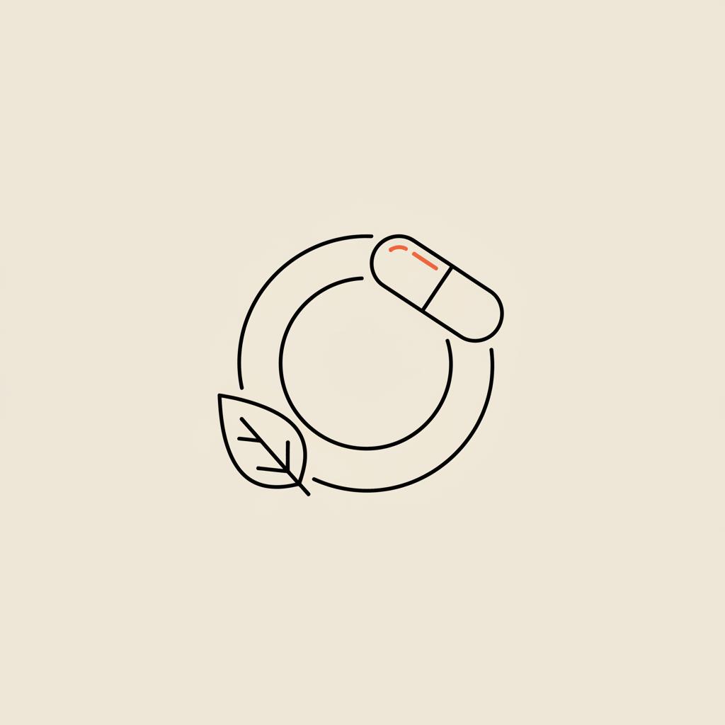 Minimal Tonum-style line illustration of a plate, capsule, and leaf on a beige background representing metabolic meals.