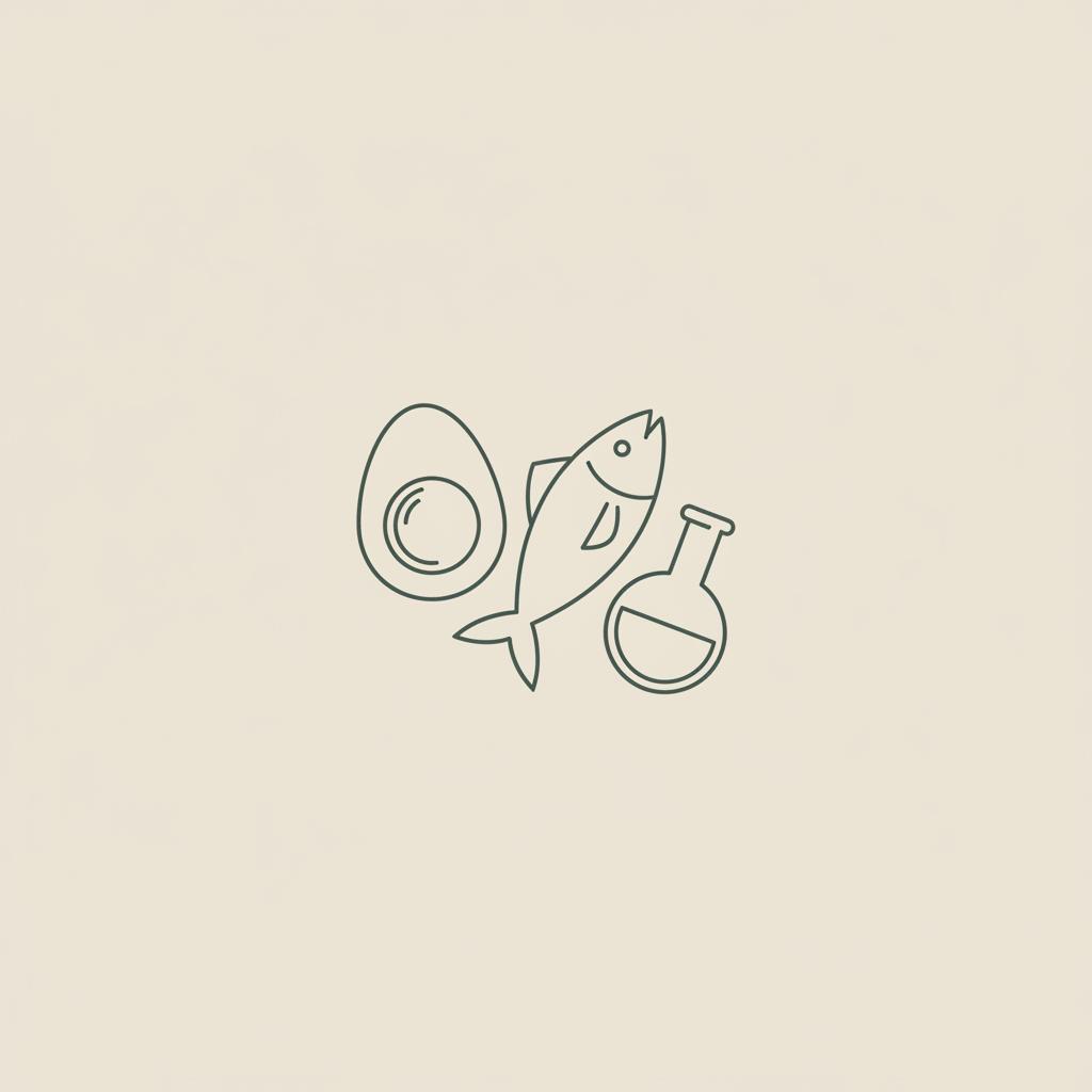 Minimal Tonum-style vector line illustration of an egg, fish silhouette, and lab flask on beige background representing protein and hair growth.