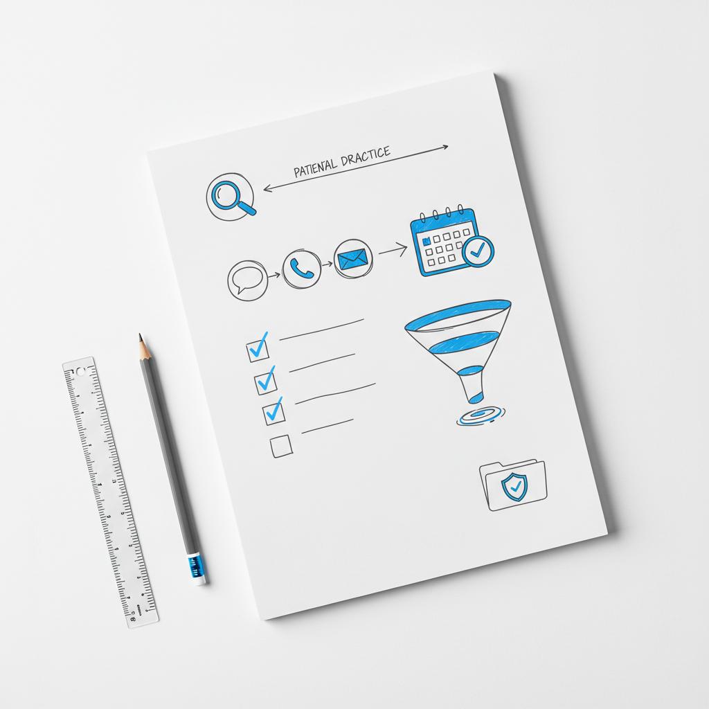 Flat-lay open notepad with hand-drawn dental patient journey to appointment, checkbox-style checklist and audit folder sketches in Agency Visible colors &mdash; are dentists allowed to advertise