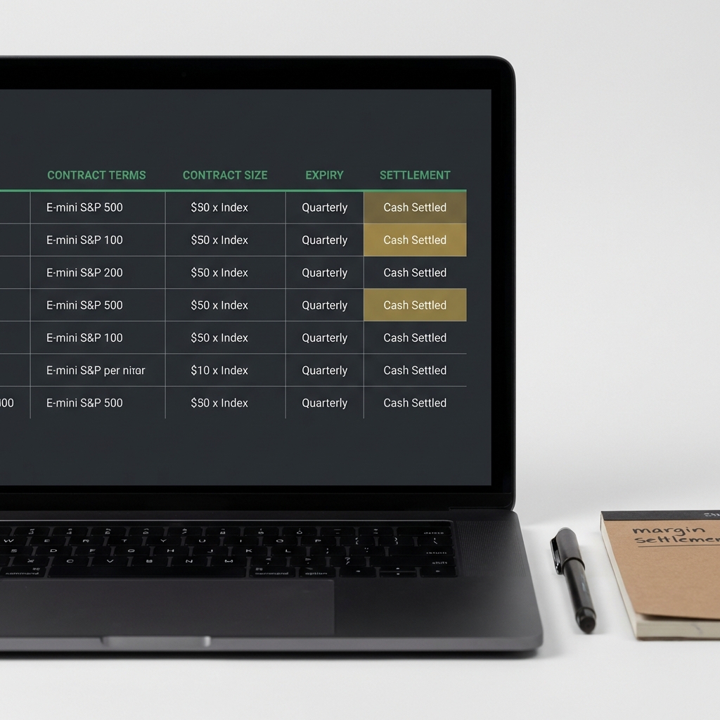 Close up of a laptop screen showing a futures contract specification page with a pen and a notepad labeled margin settlement for crypto futures trading
