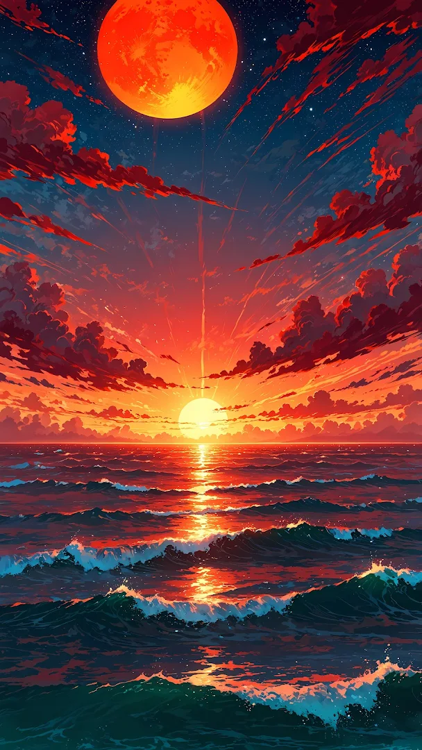 Intense Ocean Sunset with Blood Orange Moon