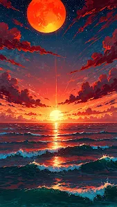 Intense Ocean Sunset with Blood Orange Moon