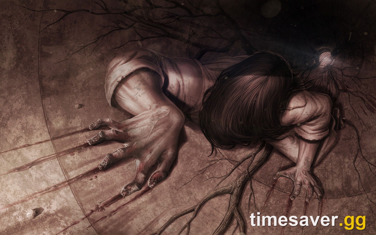 Dead by Daylight lore artwork of Sadako crawling across a circular stone floor with long black hair and clawed hands