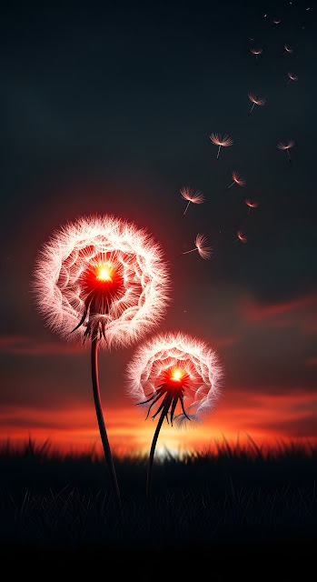 Fantasy Art of Glowing Dandelions at Sunset or Dusk - Free mobile Wallpaper
