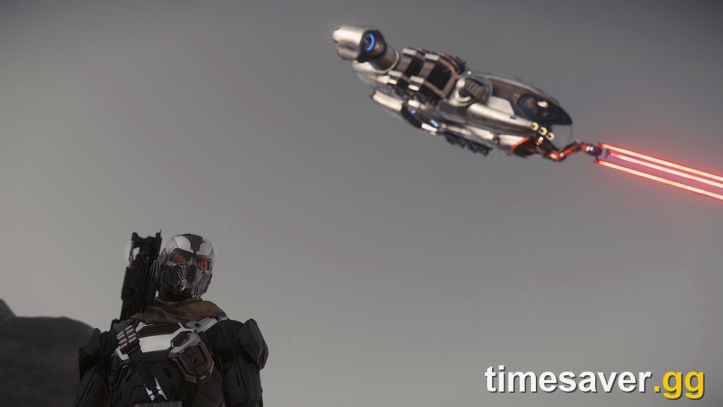 A Star Citizen mining ship firing its red mining laser at a rock on a planet surface, with an armored player in the foreground