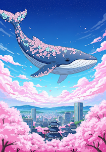 Magical Flying Whale City Cherry Blossoms Anime Art
