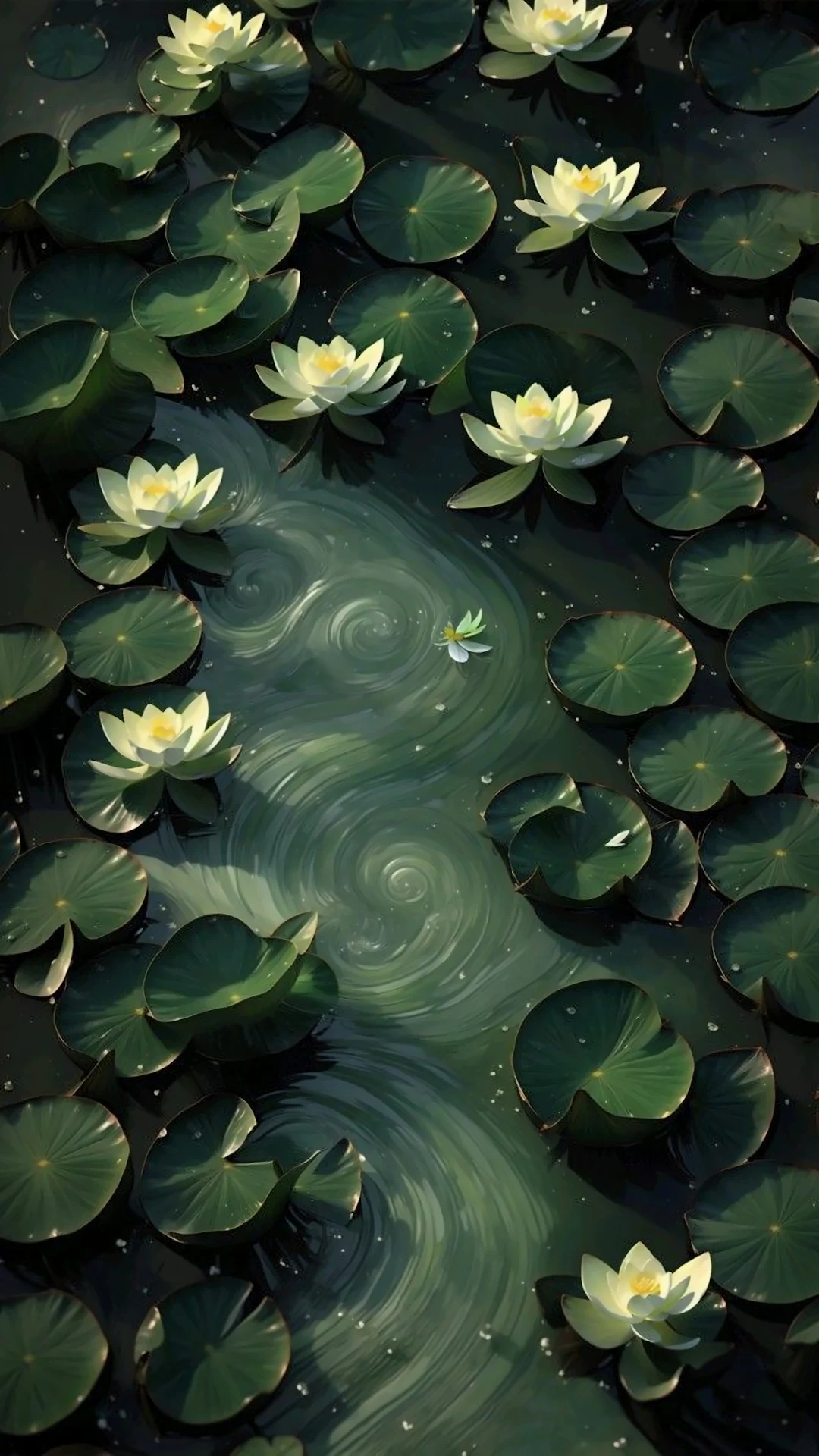 Overhead View of Water Lilies in Dark Pond with Swirls - Free 4K mobile Wallpaper