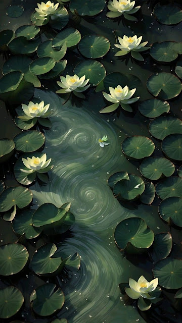 Overhead View of Water Lilies in Dark Pond with Swirls - Free mobile Wallpaper