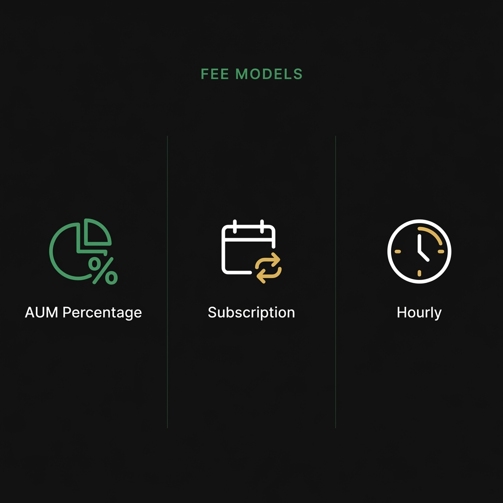 Minimalist full frame infographic showing three fee models AUM percentage subscription hourly for financial advisors how to start an ria