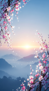 Ethereal Sunset Landscape with Misty Mountains and Flowing Cherry Blossom Branches