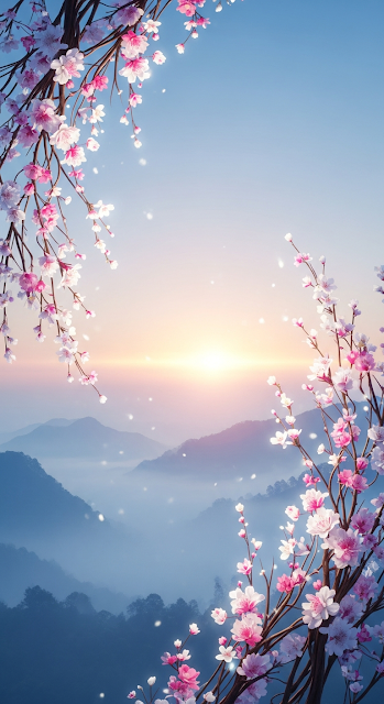 Ethereal Sunset Landscape with Misty Mountains and Flowing Cherry Blossom Branches