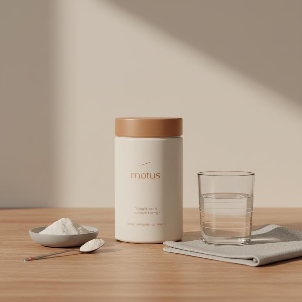 Motus supplement bottle on wooden kitchen counter with glass of water and protein scoop, minimalist Tonum scene for natural appetite suppressants