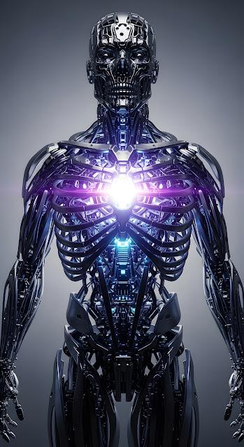 Chrome Cyborg Endoskeleton with Glowing Energy Core - Free mobile Wallpaper