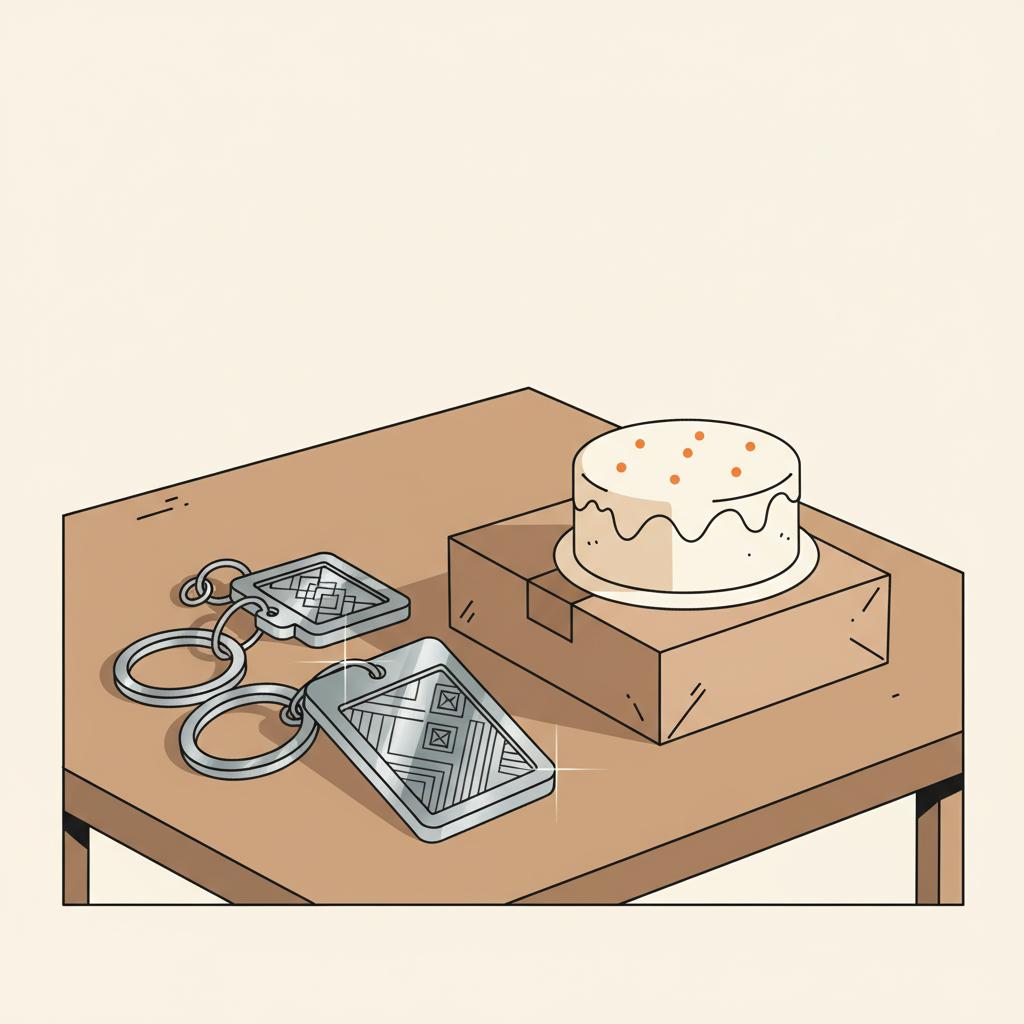 Minimalistische 2D-Vektor-Illustration: Geschenke auf Tisch mit gravierten Schlüsselanhängern, Gutscheinbox und einfacher Torte – ideen für 16. geburtstag jungs