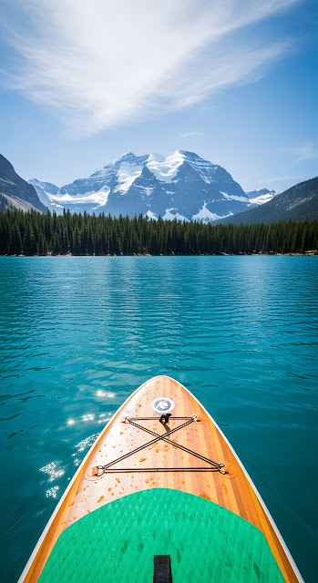 First-Person View of Stand-up Paddleboard on Lake with Snow-Capped Mountain - Free mobile Wallpaper