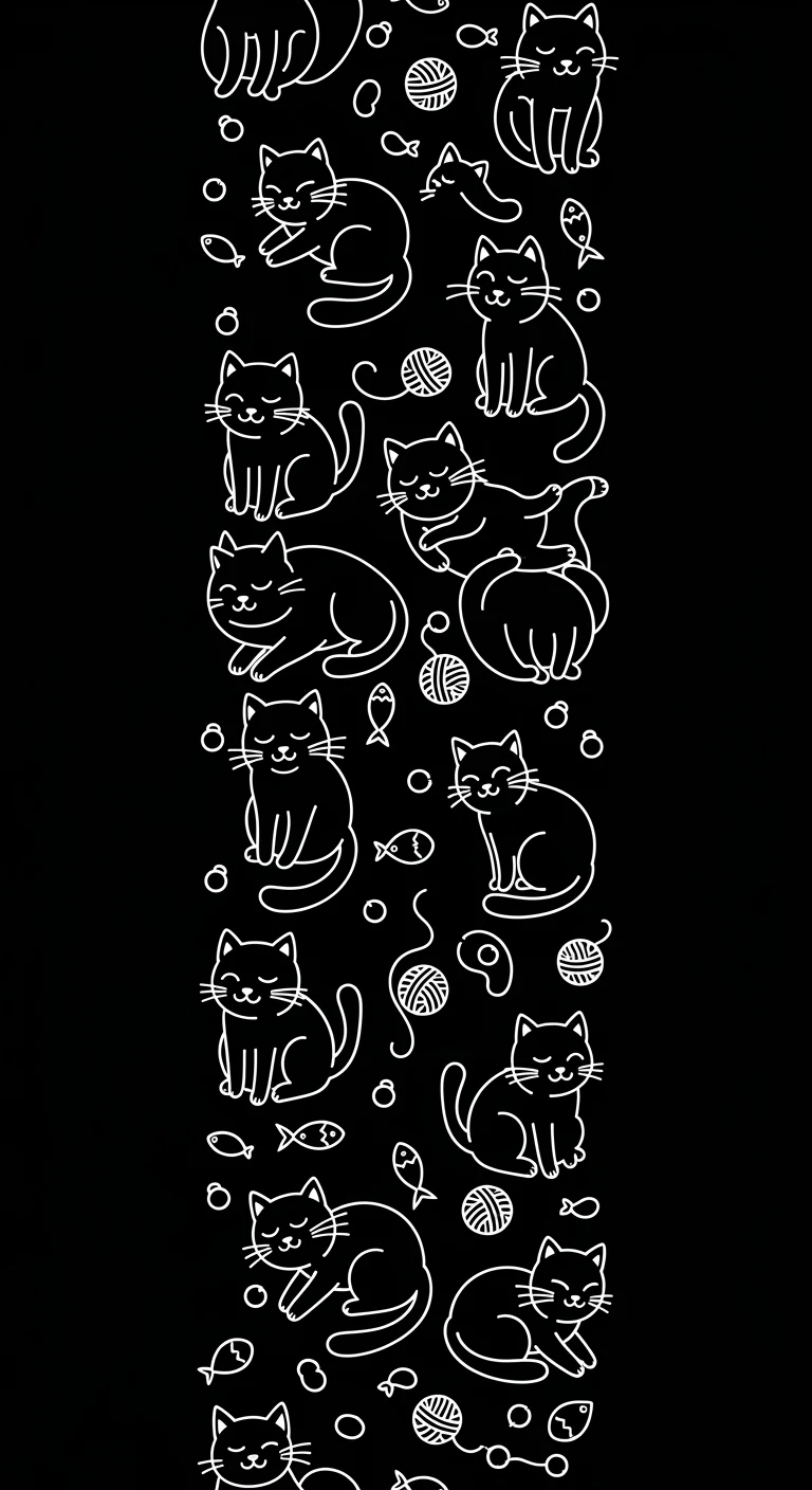 Vertical Seamless Pattern of Simple White Line Art Cats on a Black Background - Free 4K mobile Wallpaper
