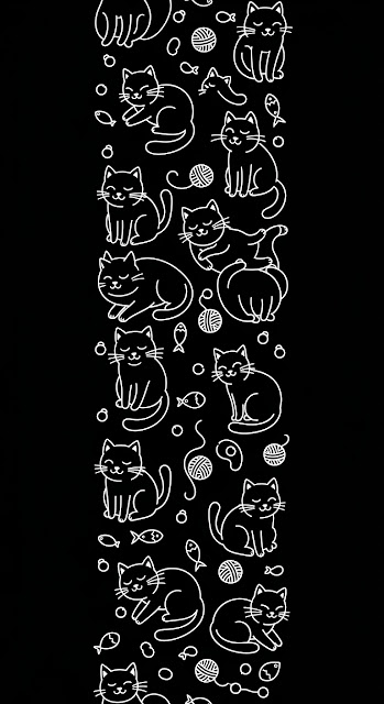 Vertical Seamless Pattern of Simple White Line Art Cats on a Black Background - Free mobile Wallpaper
