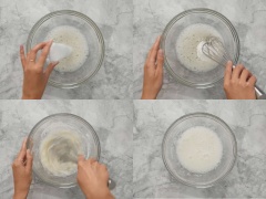Vừa đánh trứng ở mức cao, vừa cho đường vào lòng trắng trứng từng chút một. Đánh cho đến khi tan đường và nổi bọt cứng. Tiếp tục cho bột bắp vào và đánh ở mức cao cho đến khi bông cứng, chóp dựng đứng, có thể lật ngược bát mà không bị trượt.