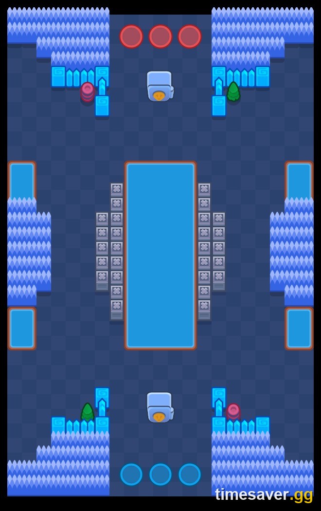 Top-down layout of a Brawl Stars Heist map showing both team safes at either end and walled lanes between them