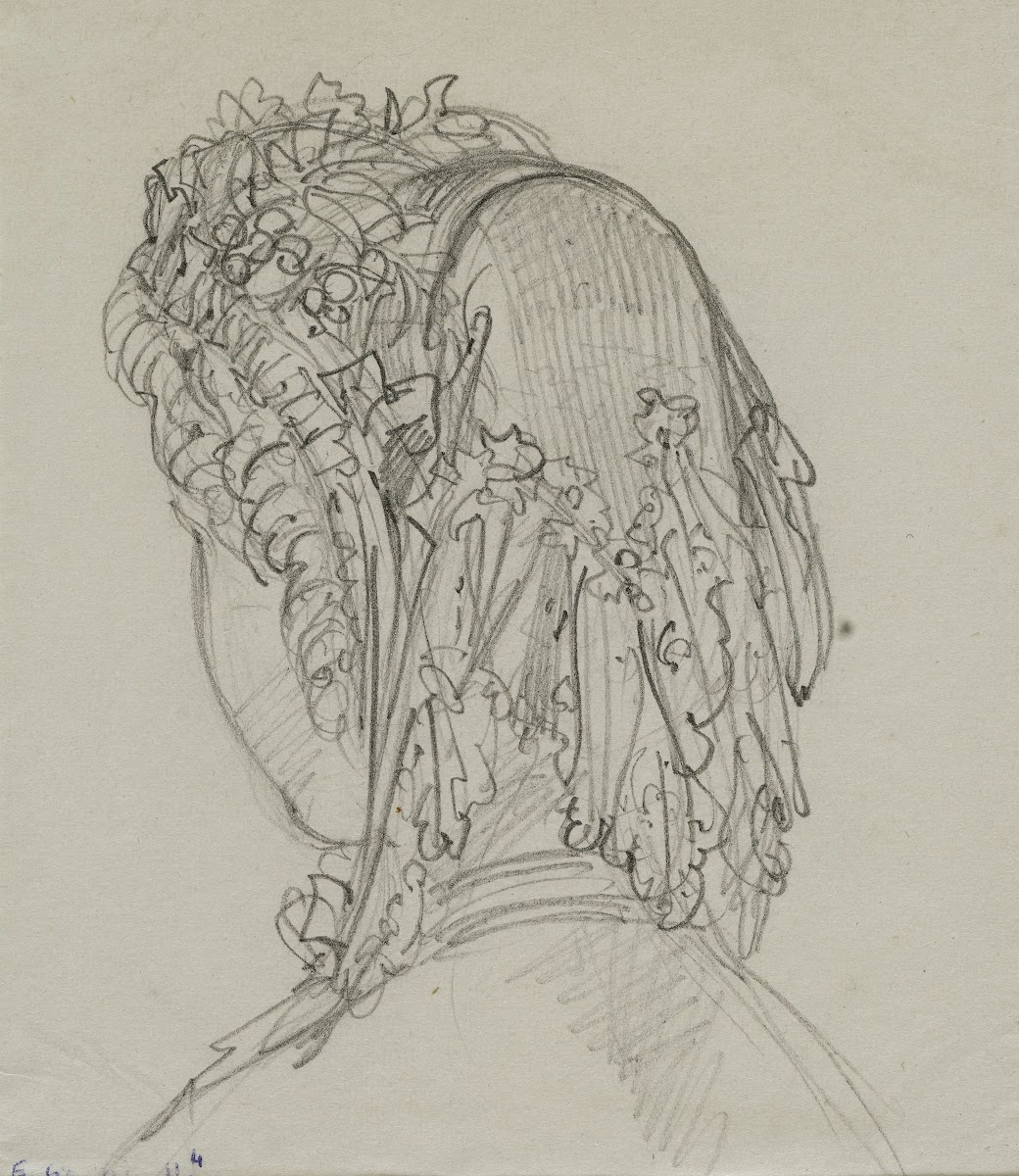 Tête féminine de dos avec coiffe de dentelle 1867