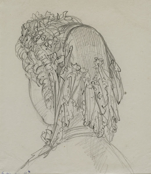 Tête féminine de dos avec coiffe de dentelle 1867