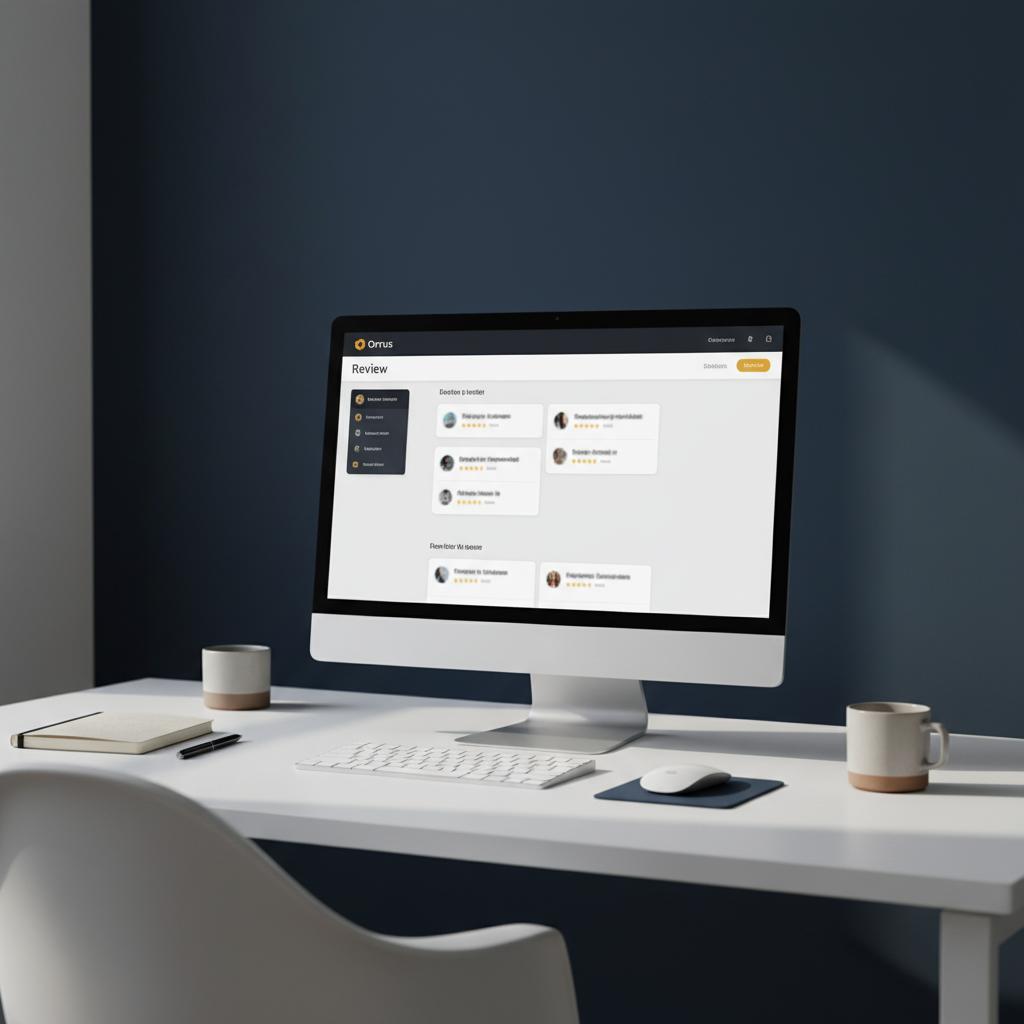 Minimalist desktop with a review dashboard showing blurred company names and notification cards, highlighting how to respond to negative Google review with Orvus brand accents.