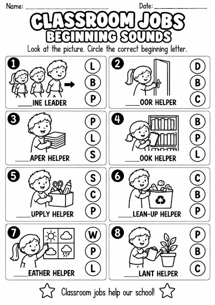 Classroom Jobs Beginning Sounds Worksheet