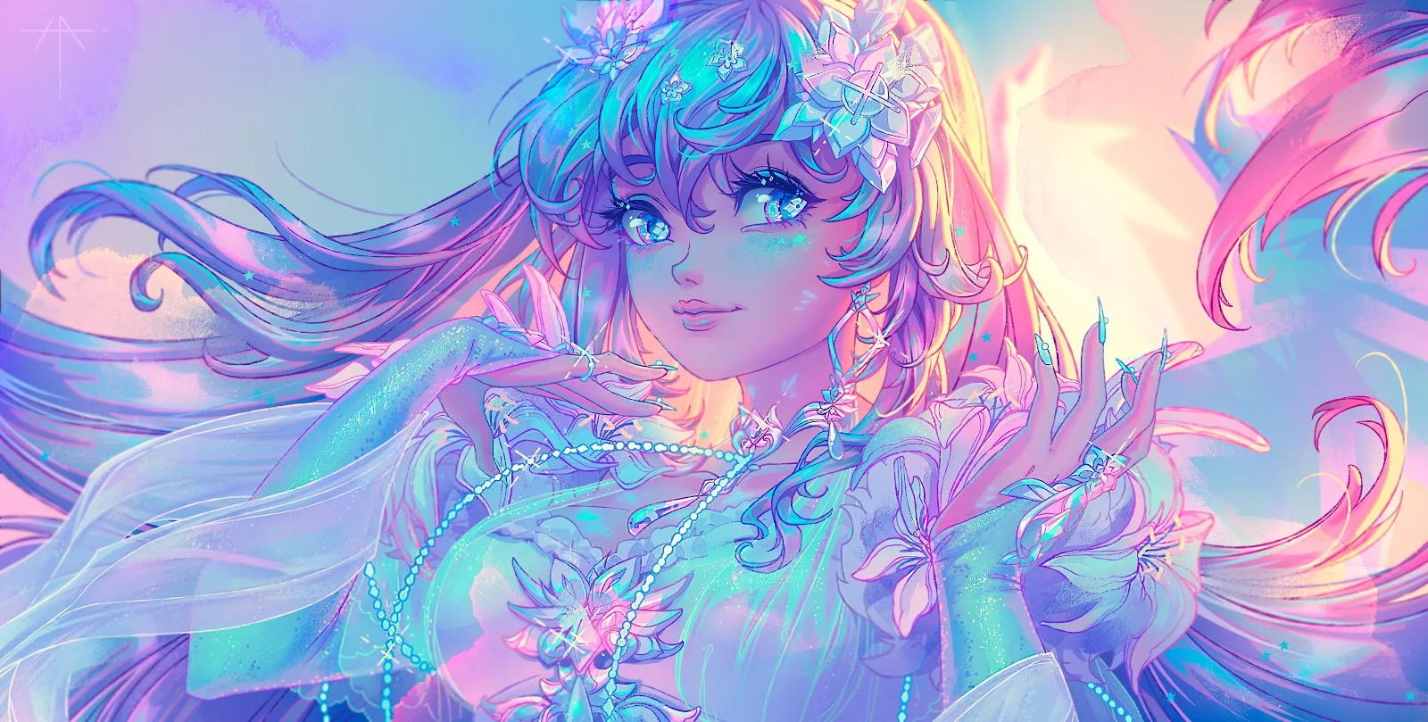 Holographic Pastel Fantasy Girl - Digital Illustration 5K Wallpaper (5885x2976)