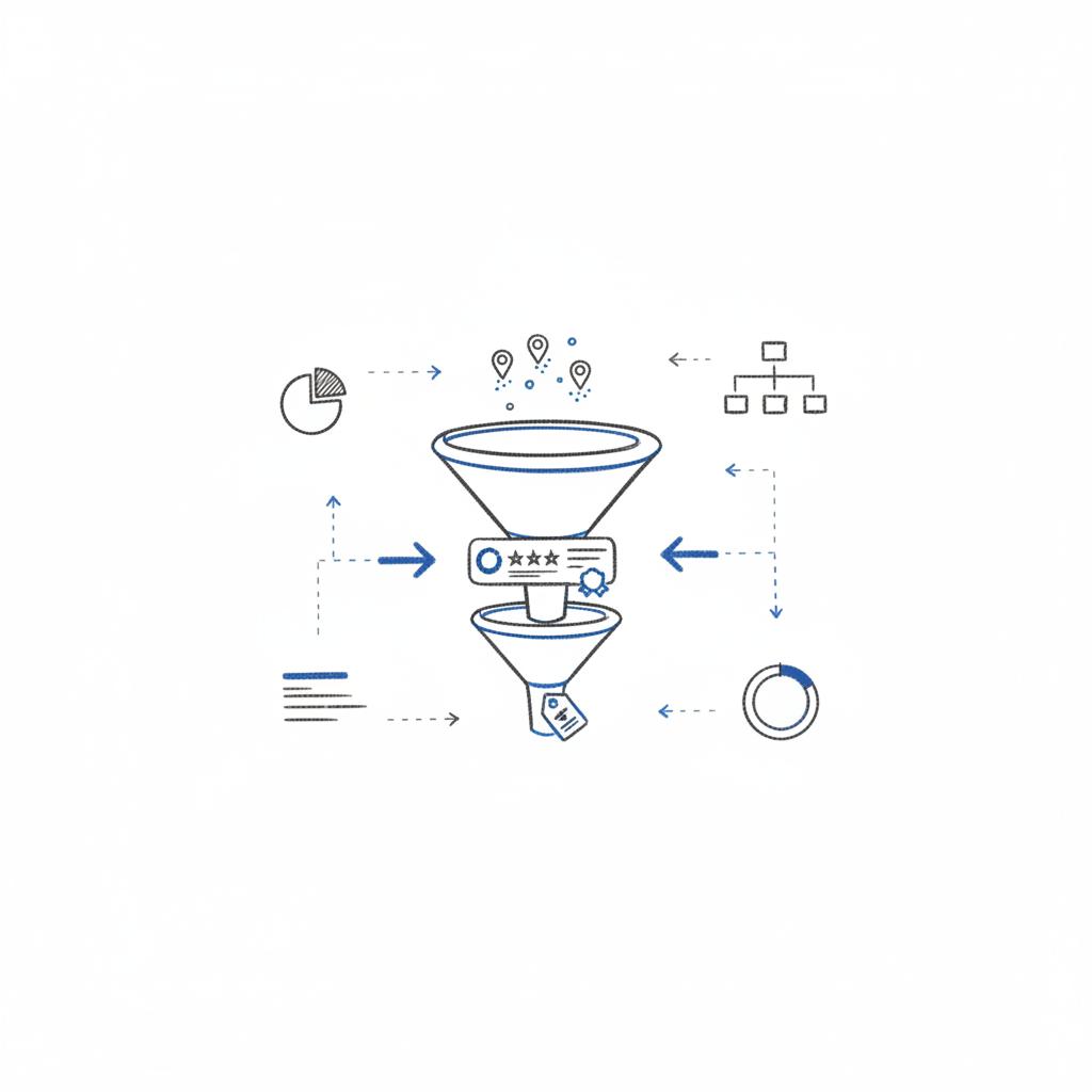 Minimal vector sketch of a three-tier funnel with map pins, review stars and a paid-test coin, connected by blue arrows, representing a Google Business Profile flow