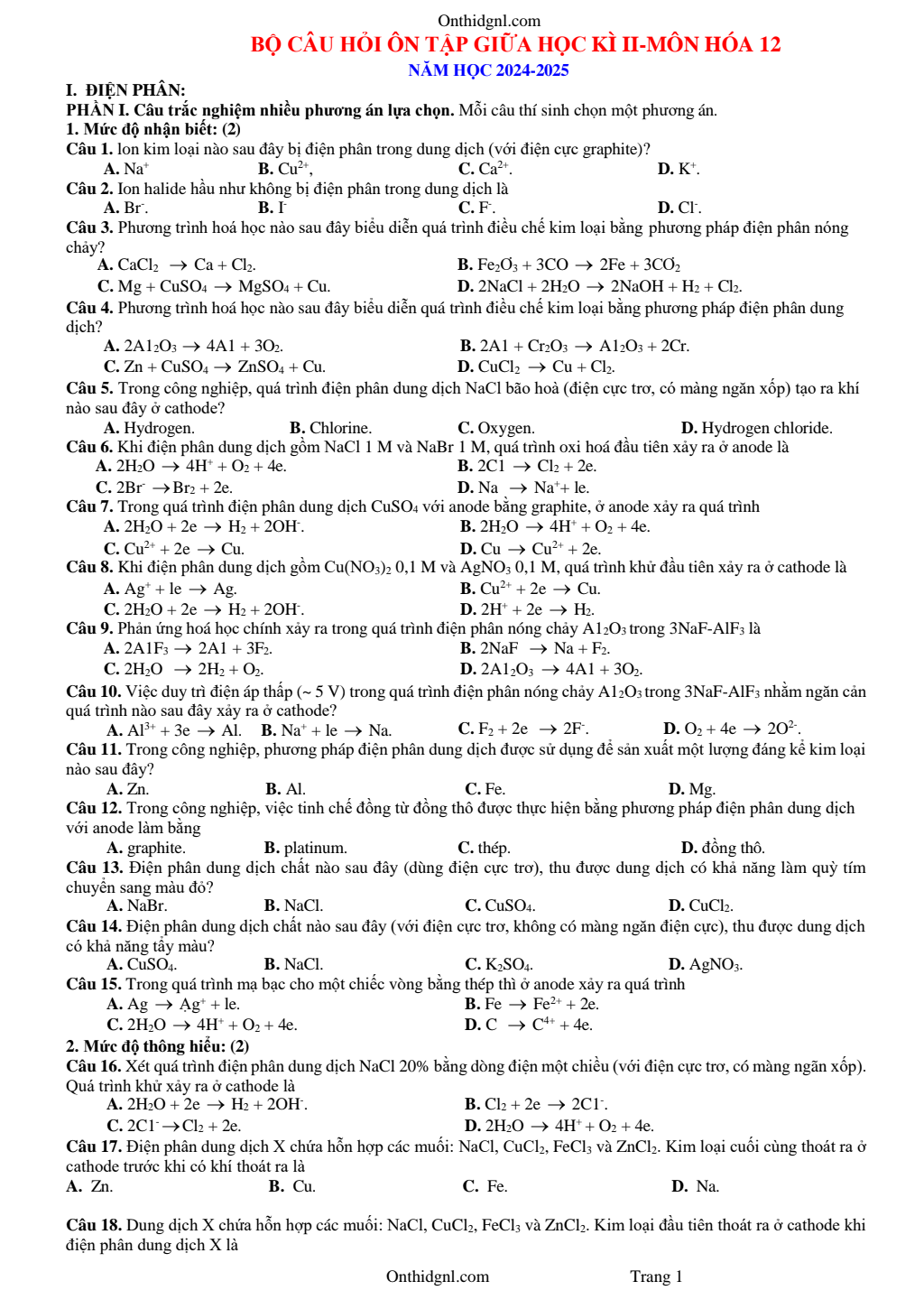 Bộ Câu Hỏi Ôn Tập Giữa Học Kỳ 2 Hóa 12 Kết Nối Tri Thức 2024 2025 pdf