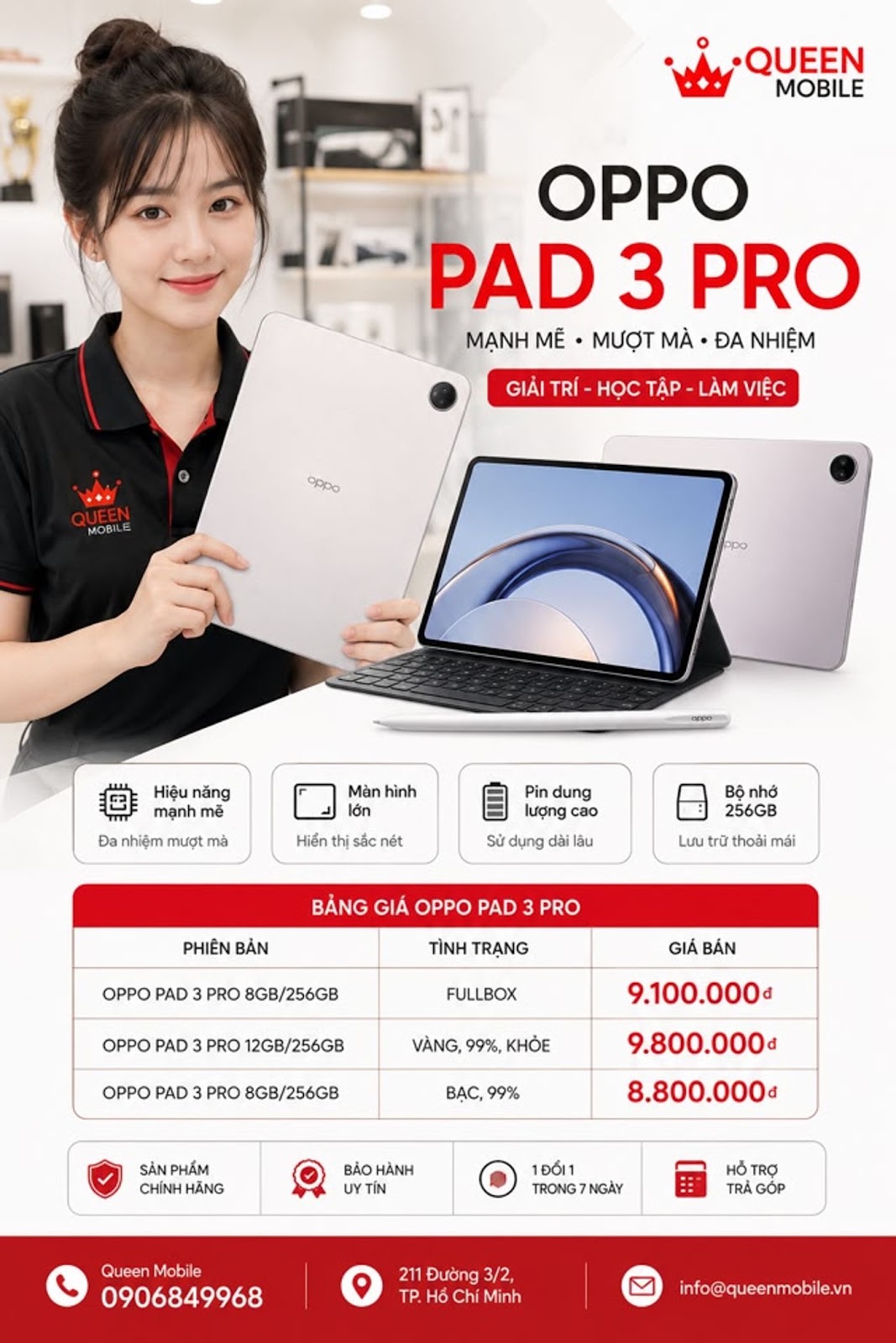 OPPO PAD 3 PRO – TABLET CẤU HÌNH CAO, GIÁ TỪ 8,8 TRIỆU TẠI QUEEN MOBILE 🔥🌿