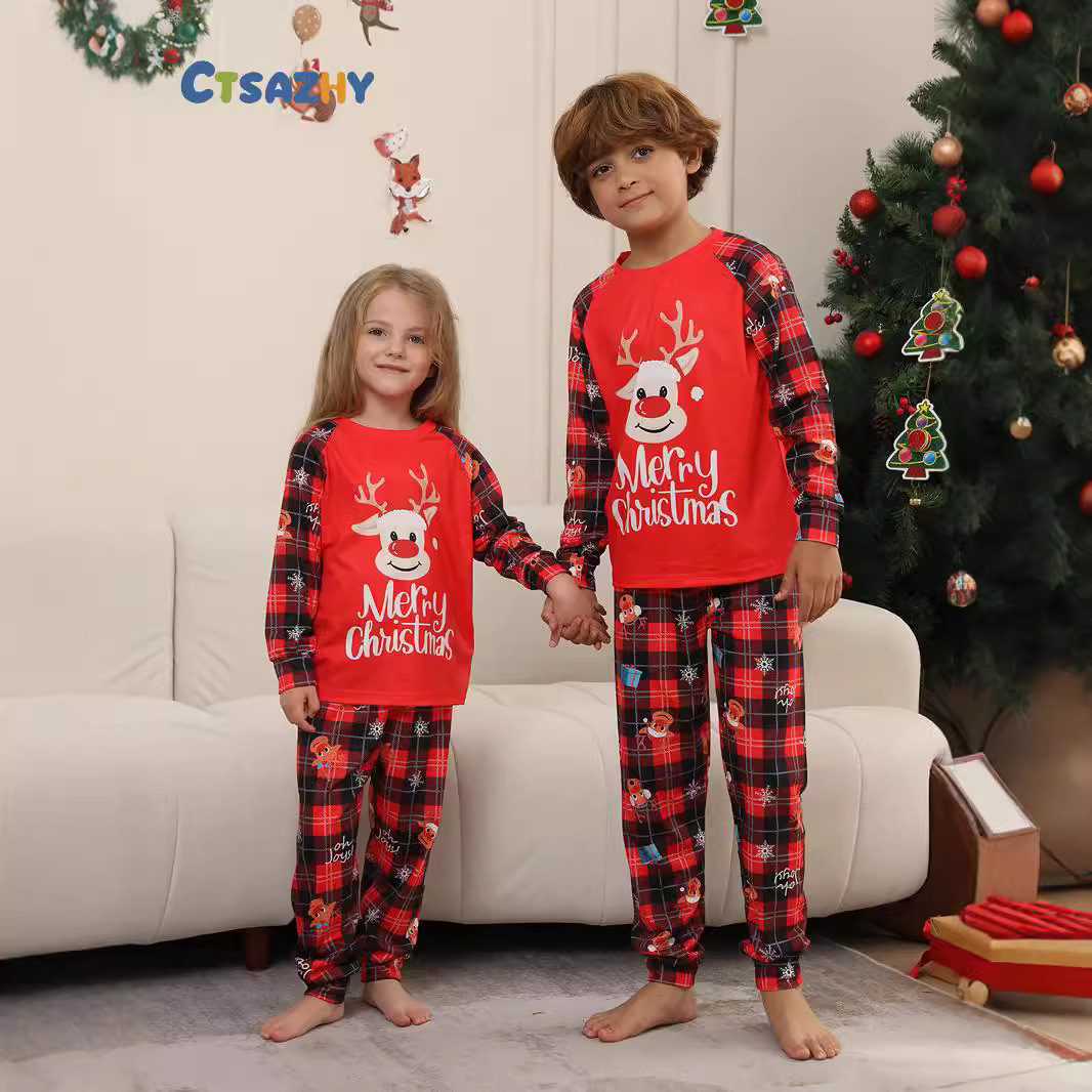 Christmas family pajamas with reindeer and snowflake print
