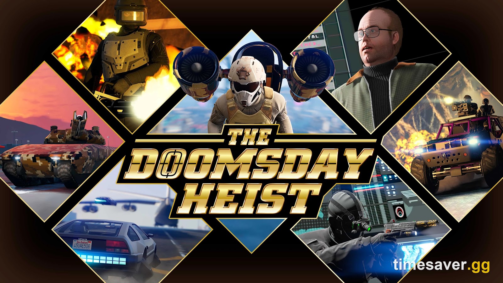 GTA Online Doomsday Heist official artwork showing its three-act crew and vehicles