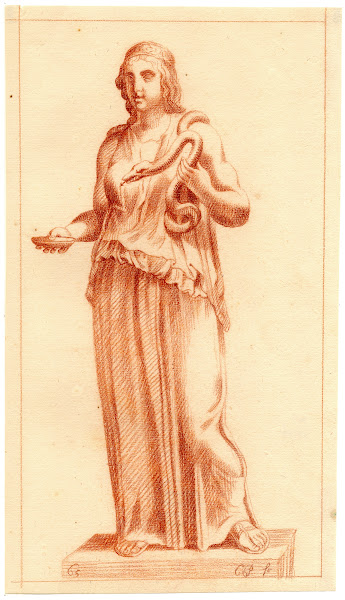 Beeld van staande vrouw met slang in haar hand
