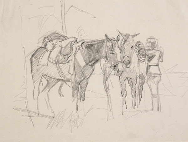Żołnierz przy osiodłanych koniach 1914 1918