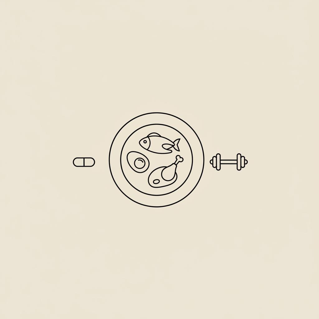 Minimal Tonum-style line illustration of a plate with protein portions, capsule and dumbbell on beige background to represent how to burn fat without losing muscle