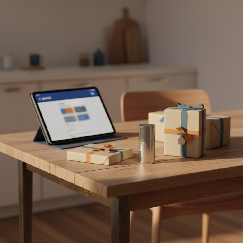 Nahaufnahme: Esstisch mit mehreren Geschenken, unscharf geöffnete E‑Mail auf Tablet und gravierter Anhänger, minimalistisch warm-industriell — jochen schweizer gutschein einlösen