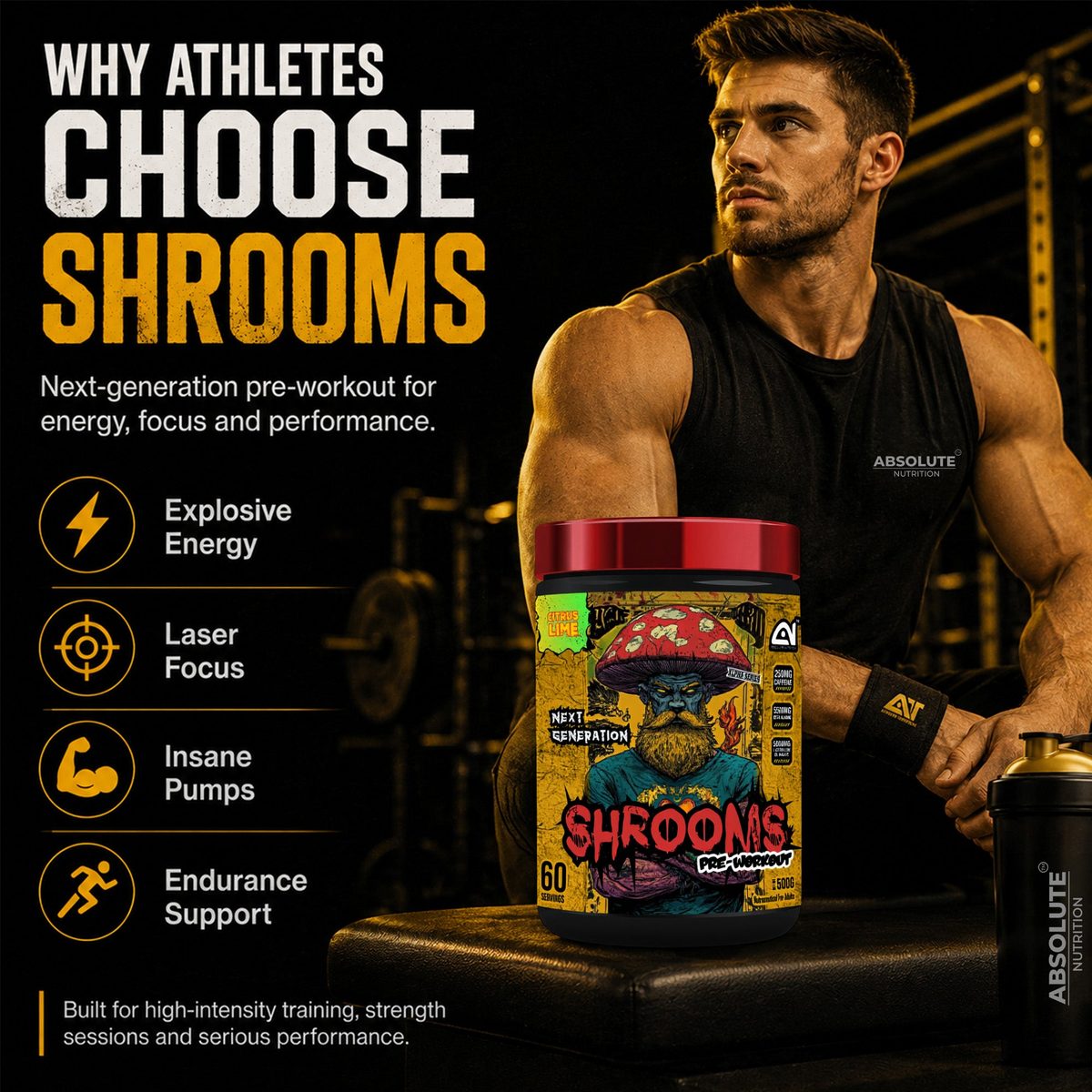 Absolute Nutrition Shrooms Pre Workout — Citrus Lime, 500g