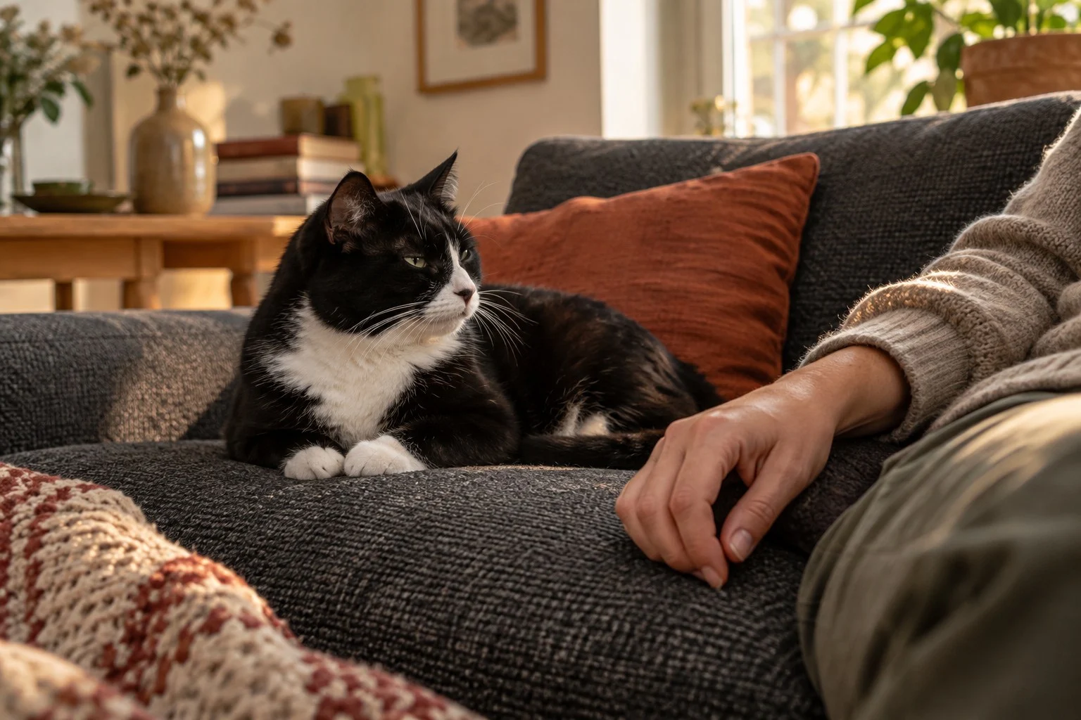Eine entspannte Katze sitzt freiwillig neben einem Menschen auf dem Sofa.
