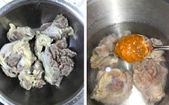 Sau đó, đổ phần nước trong nồi ra. Thêm 1 lít nước vào, bắc lên bếp, nêm 1 muỗng canh sa tế, nấu khoảng 30 phút.