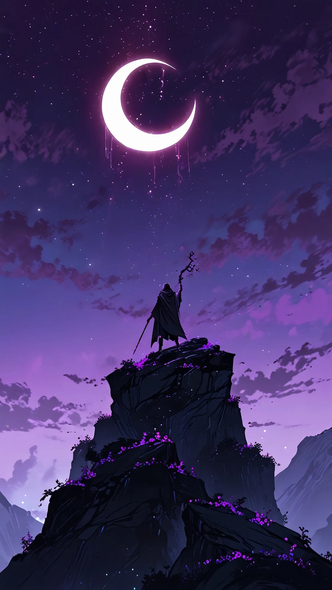 Mage on Cliff Under Glowing Crescent Moon - Free 4K mobile Wallpaper