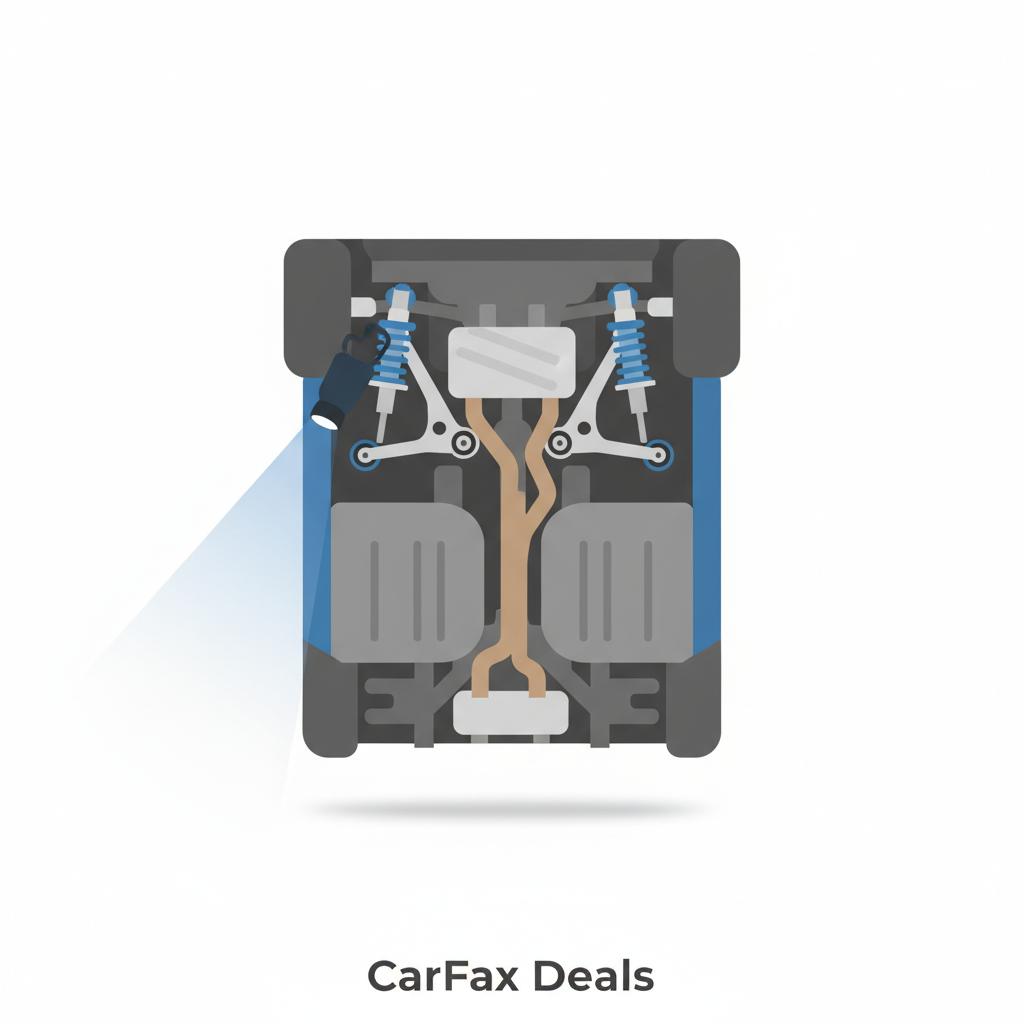 Minimalist 2D vector of a clean vehicle underbody inspection showing suspension components and a blue flashlight beam highlighting condition emphasizing Dodge reliability