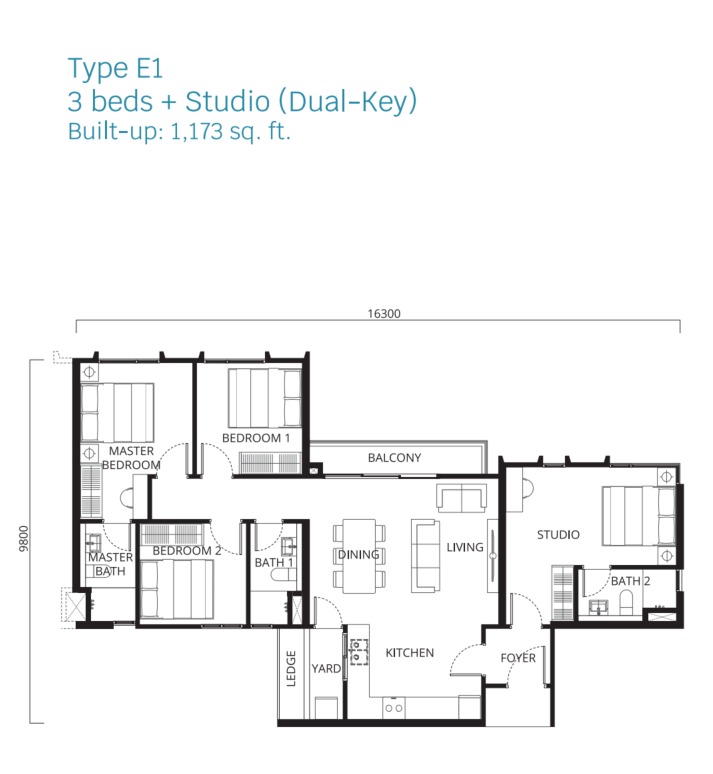 Stellaris Riana Dutamas Type E1 floor plan — 1118 sq ft, 3 bedrooms