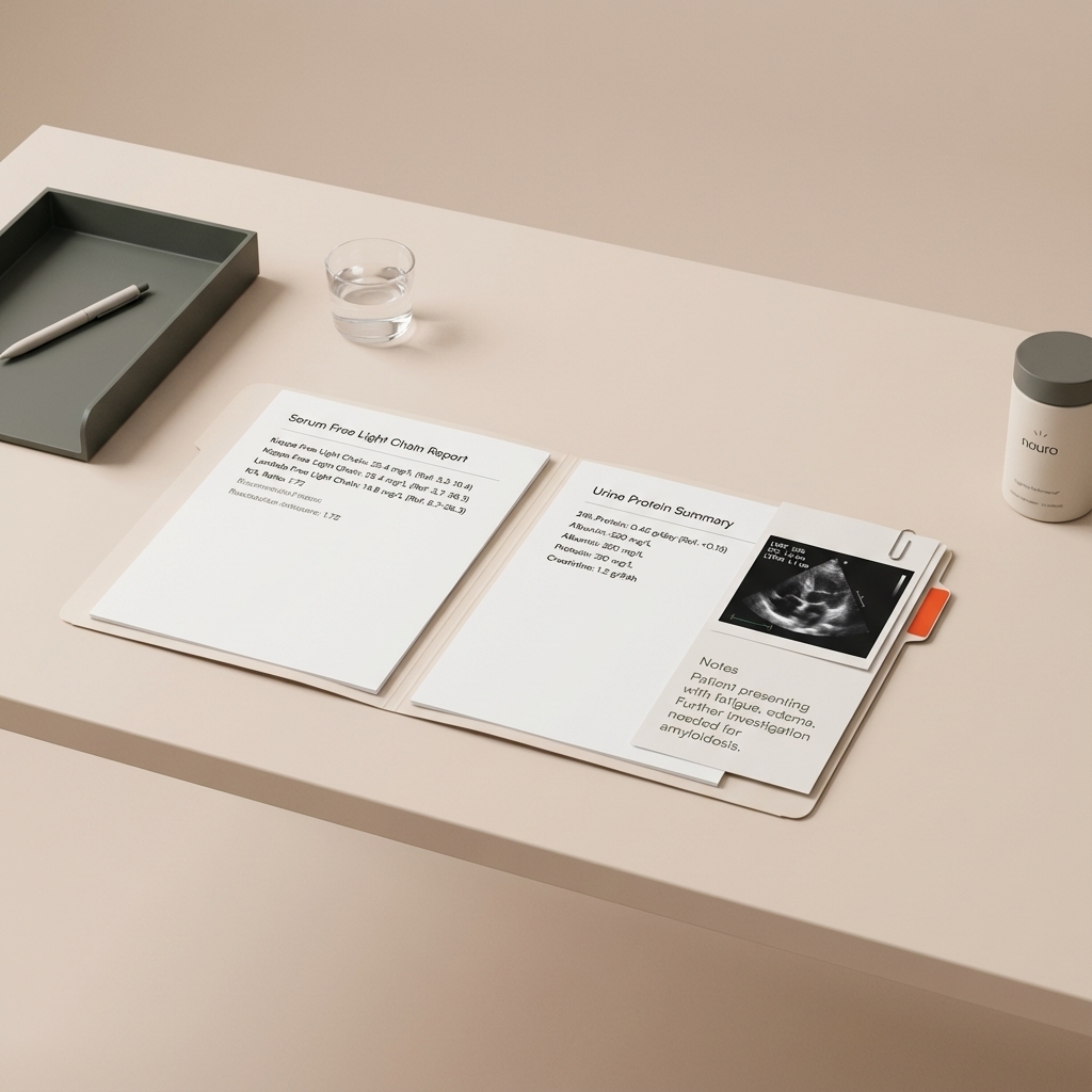 Clinician consultation desk with open patient folder showing serum free light chain, urine protein summary and echocardiogram snapshot; discreet Tonum Nouro bottle — red flag of amyloidosis